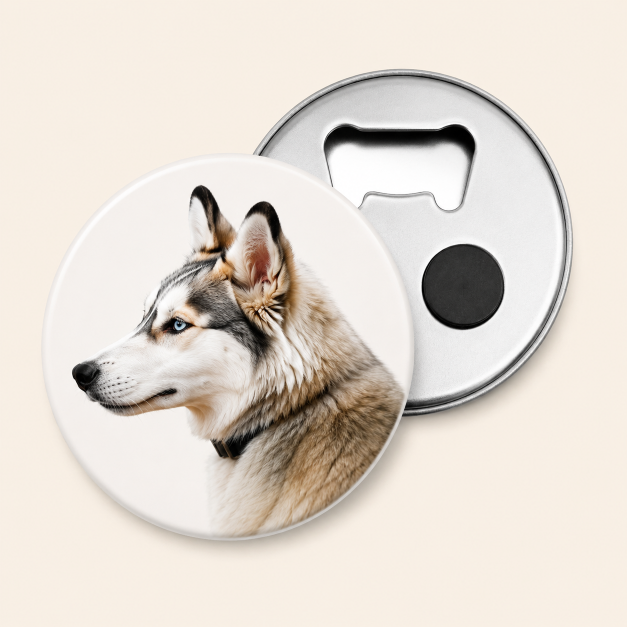 Personalised photo bottle opener magnet featuring a husky