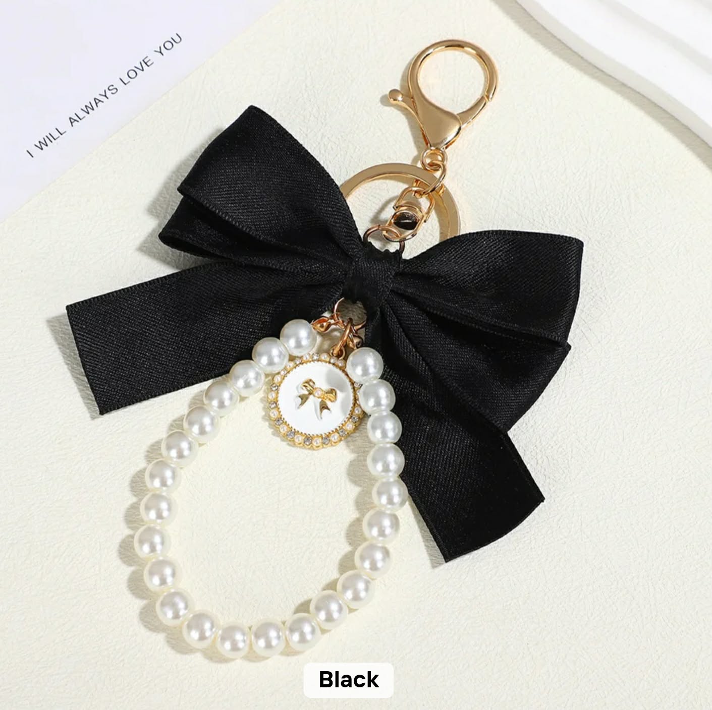 Black bow pearl personalised photo keychain