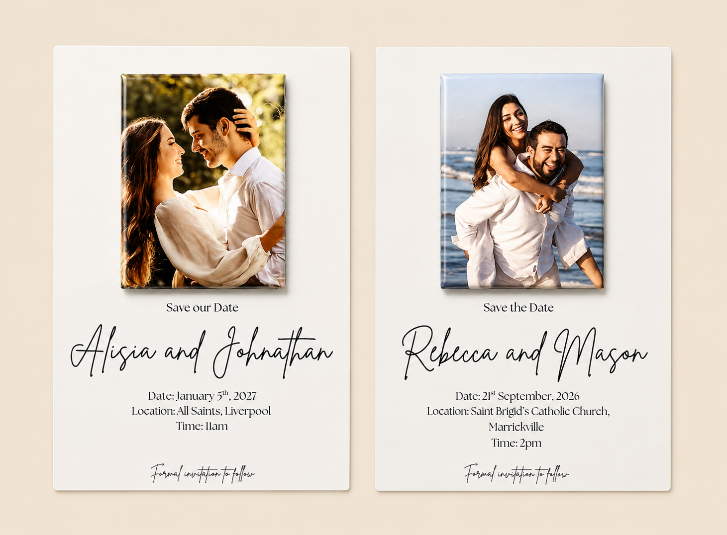 Two personalised Save the Date photo magnet examples on a warm beige background