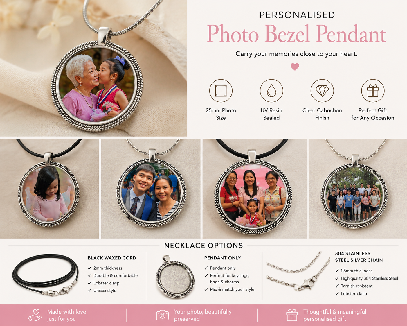 Personalised Photo Bezel Pendant with custom photo examples and necklace options