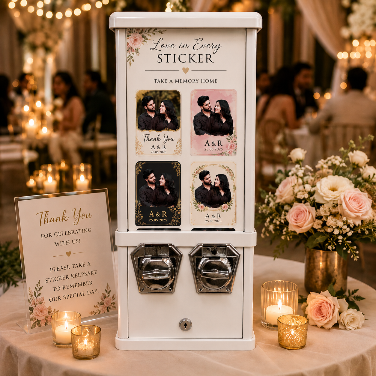 Sticker vending machine hire displayed at a wedding reception with four personalised couple sticker designs