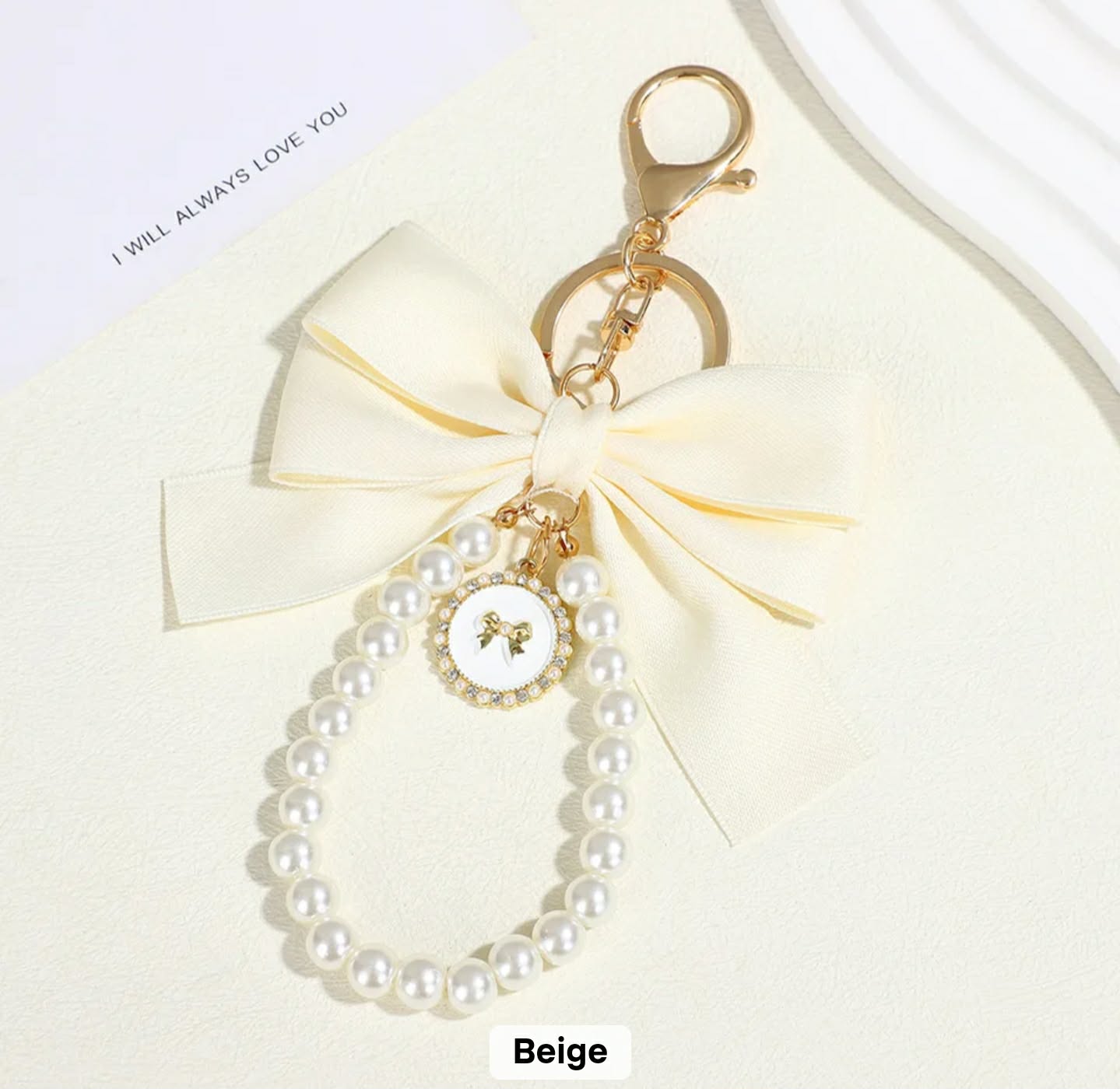 Beige bow pearl personalised photo keychain