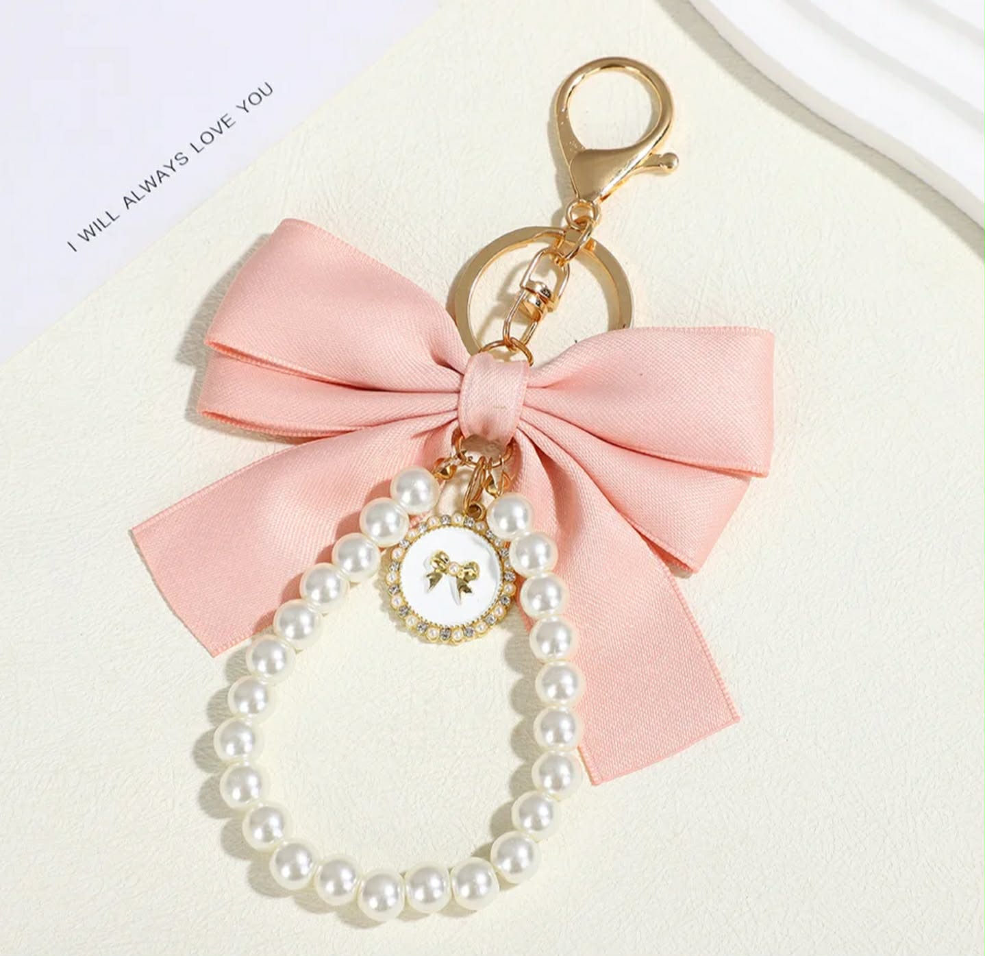 Pink bow pearl personalised photo keychain