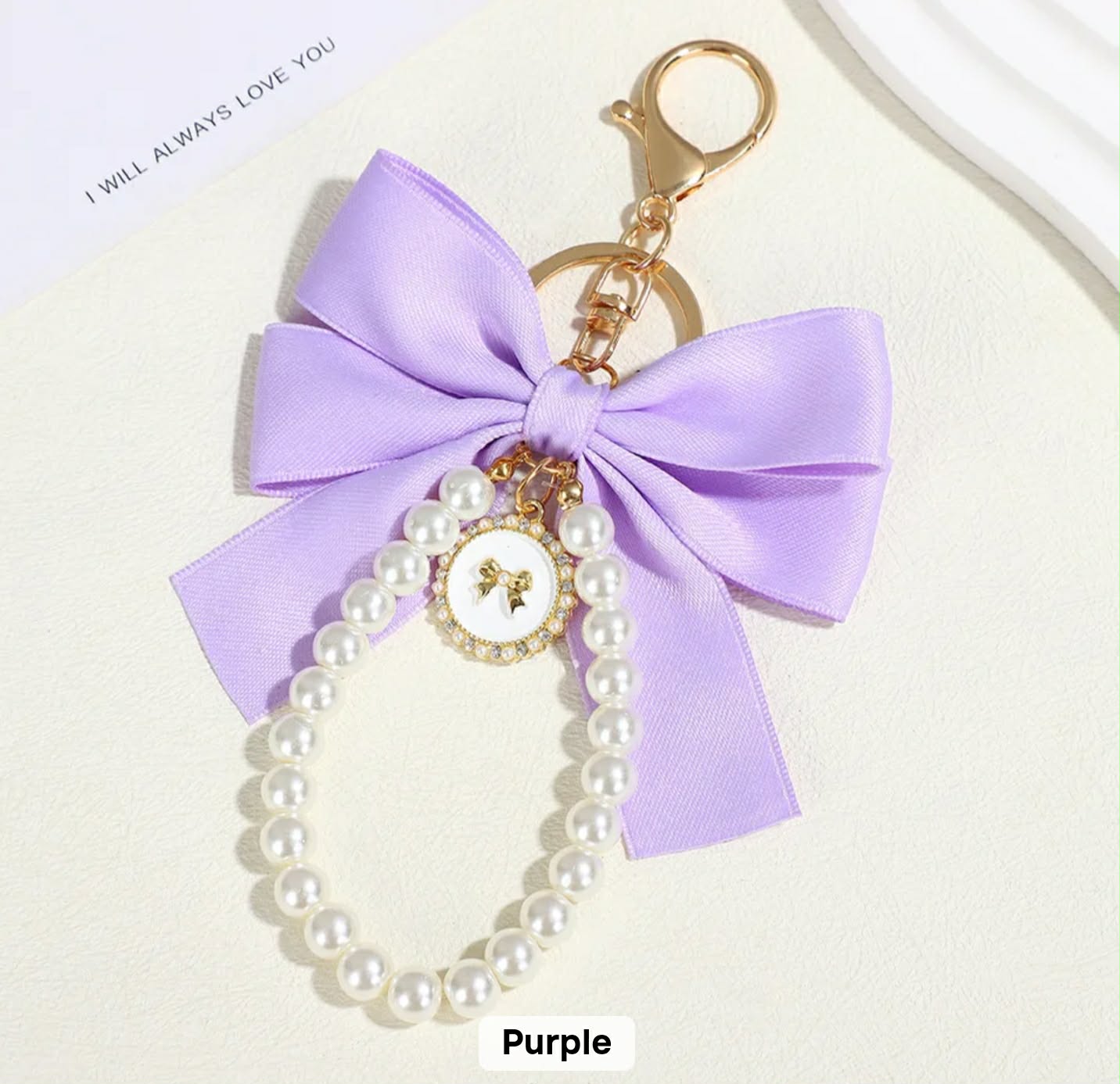 Purple bow pearl personalised photo keychain