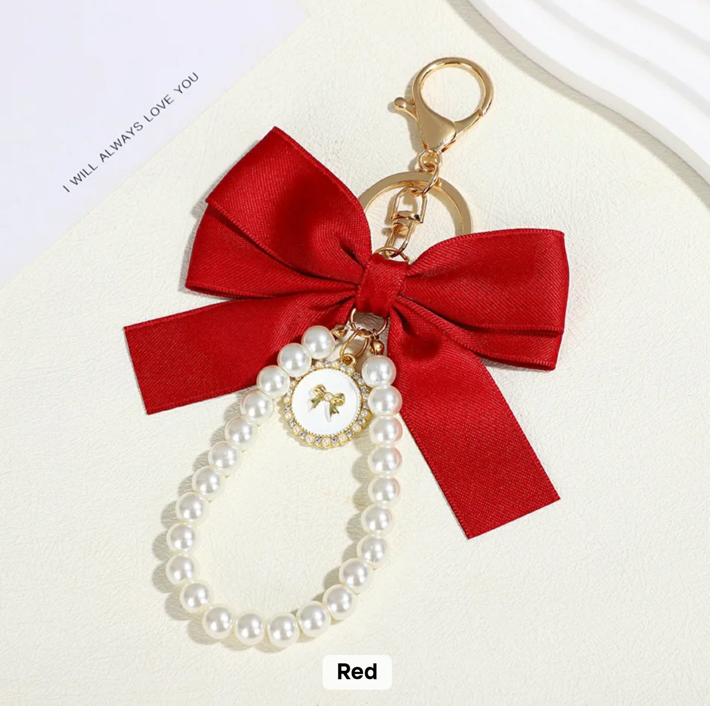 Red bow pearl personalised photo keychain