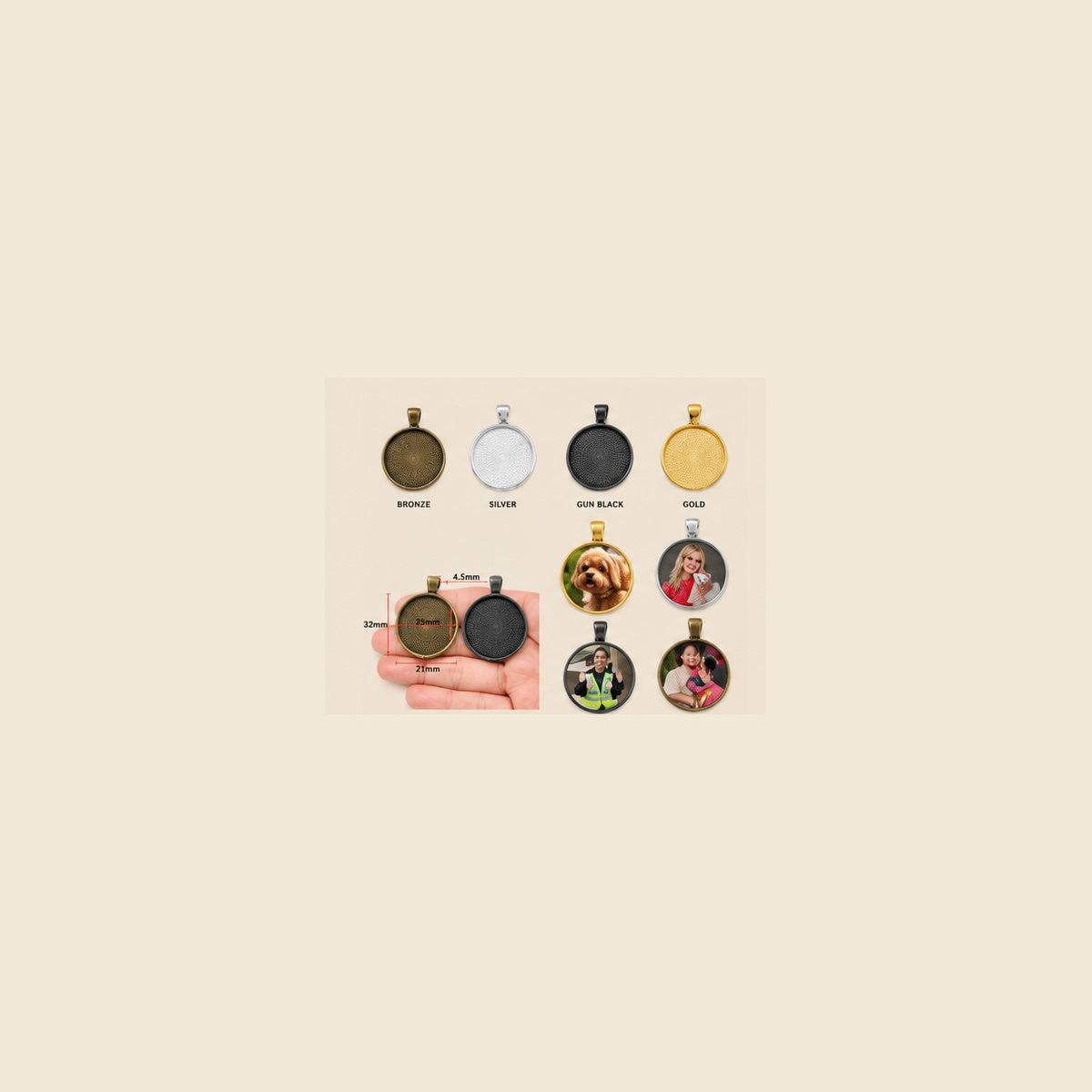 Personalised Photo Coloured Bezel Pendant in bronze, silver, gun black and gold on Memory Snap Co beige background