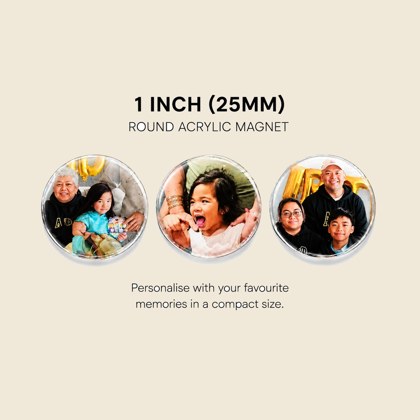 Personalised 25mm acrylic photo magnets on Memory Snap Co beige background