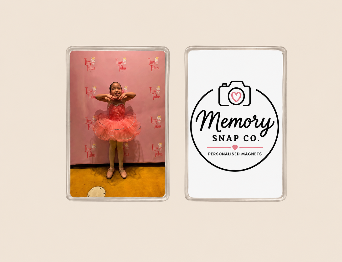 Personalised 60 x 90mm double-sided acrylic magnets with ballet photo and Memory Snap Co logo