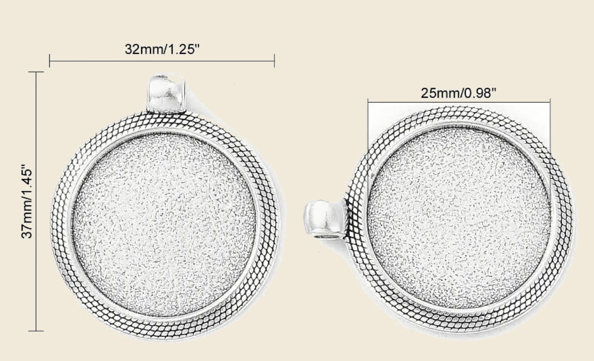25mm photo bezel pendant size guide on warm beige background