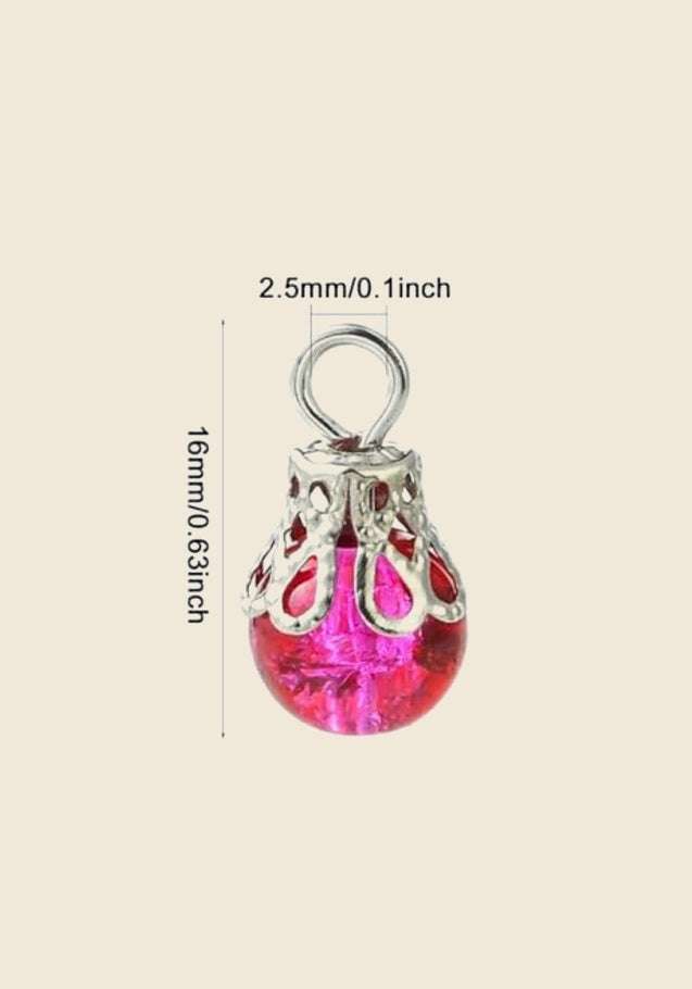 Transparent crackle glass dangle charm size guide shown smaller on Memory Snap Co beige background